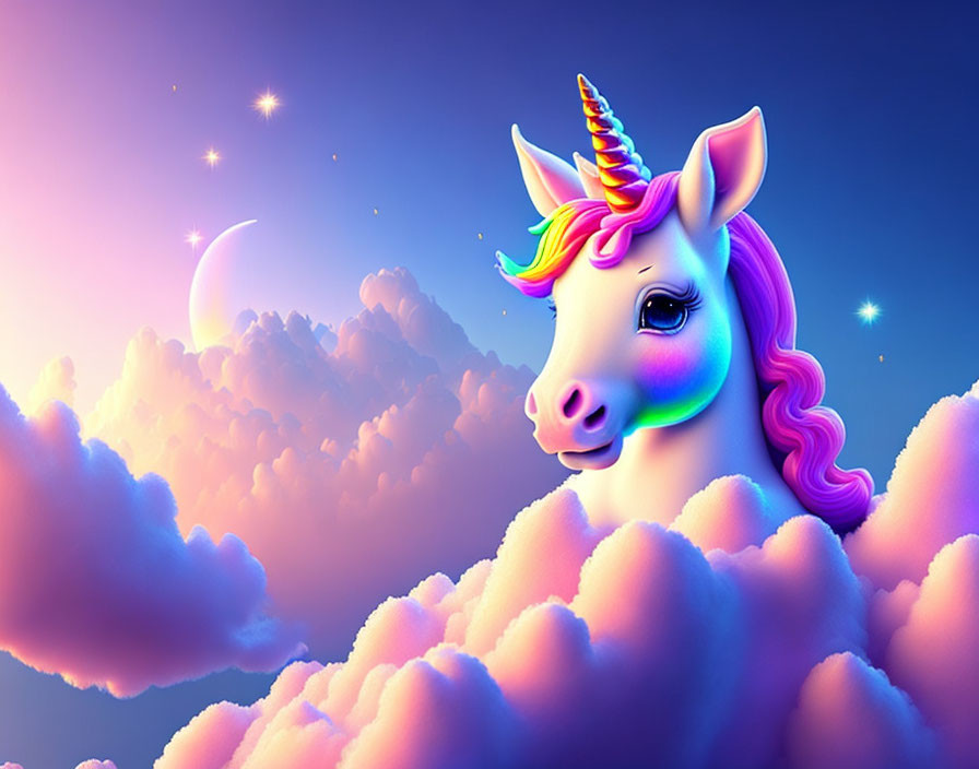 Vibrant unicorn with rainbow mane in twilight sky