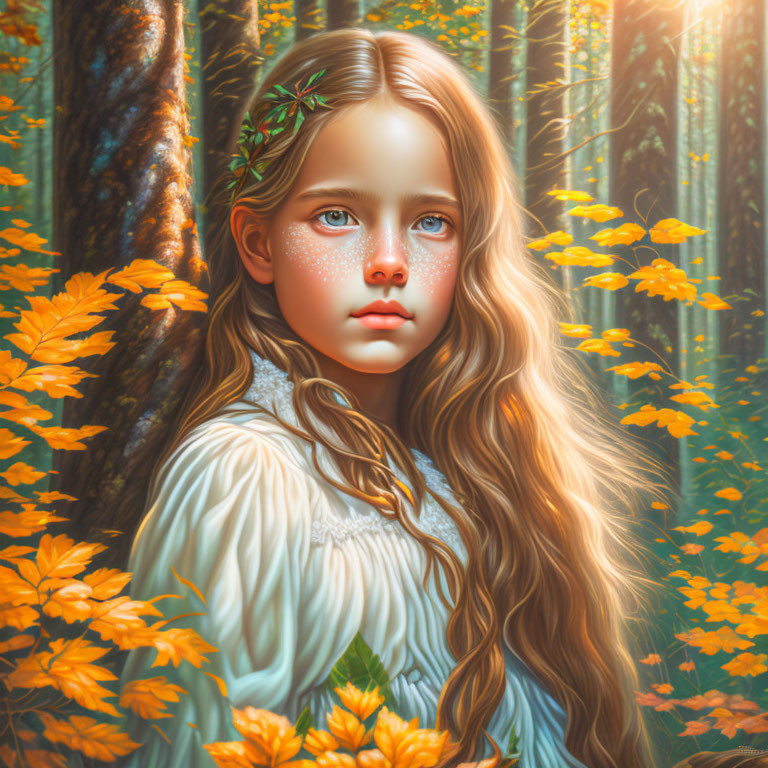 Digital artwork of young girl with long, wavy hair among orange leaves