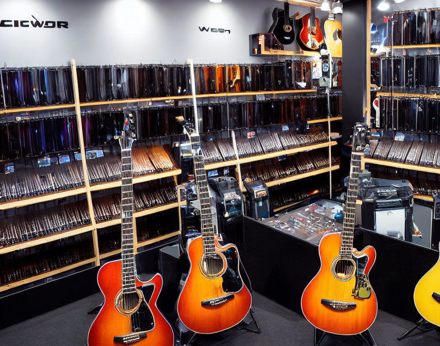 Guitars, Vinyl Records, and Audio Equipment at Music Store