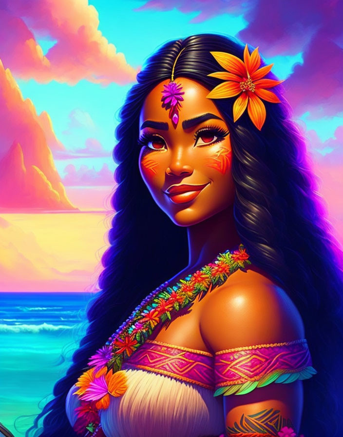 Illustrated woman with black hair, tropical flowers, smiling against ocean sunset with tribal tattoos.