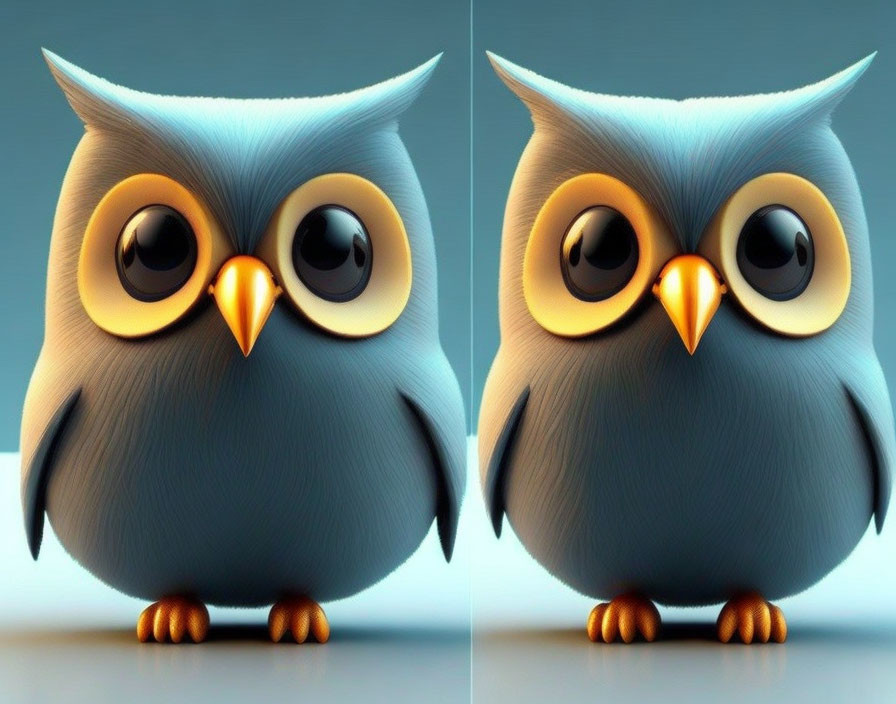 Stylized cartoonish 3D model owls with large eyes and blue feathers