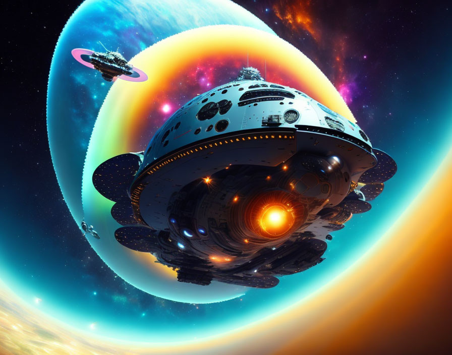 Large futuristic spaceship in vibrant sci-fi scene with colorful nebula.