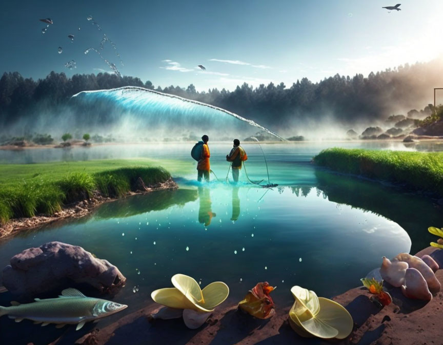 Two people fishing at a tranquil lake with a giant surreal fish jumping above them in a lush natural setting