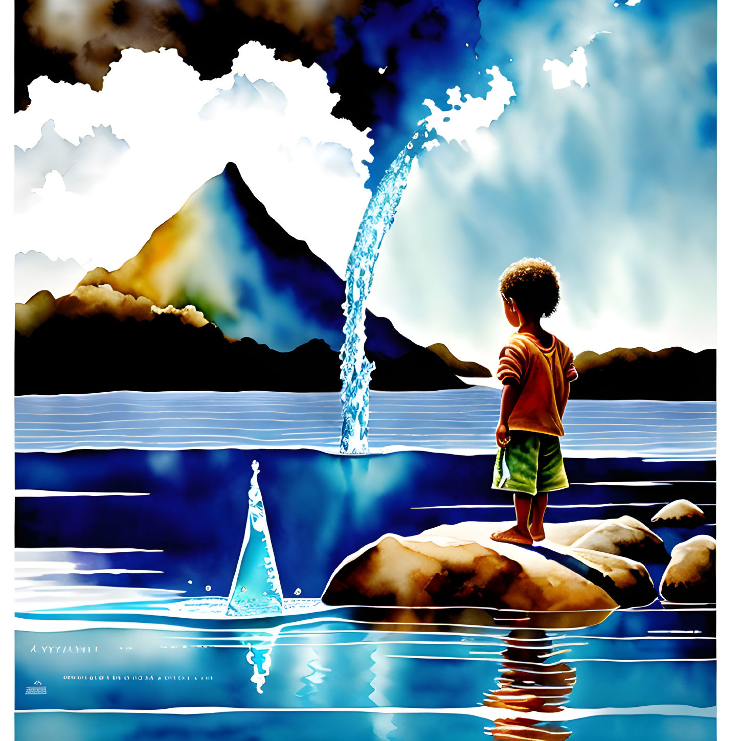 Child by serene waterside with paper boat and water spout, mountains and clouds.