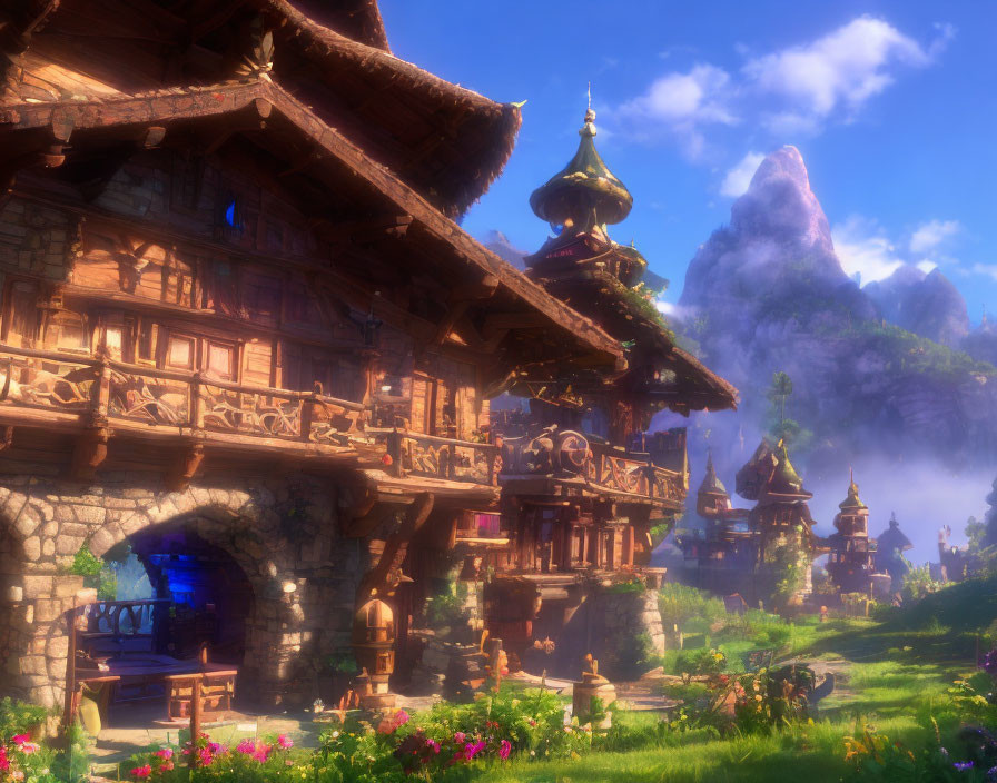 Serene fantasy village with ornate wooden houses and misty mountains