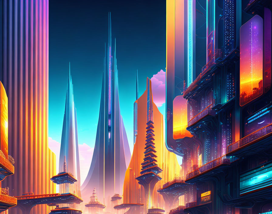 Futuristic neon-lit cityscape at twilight