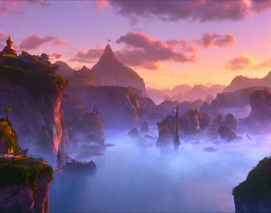 Fantasy landscape with towering rock formations, mist, tranquil water, and colorful sunrise sky.