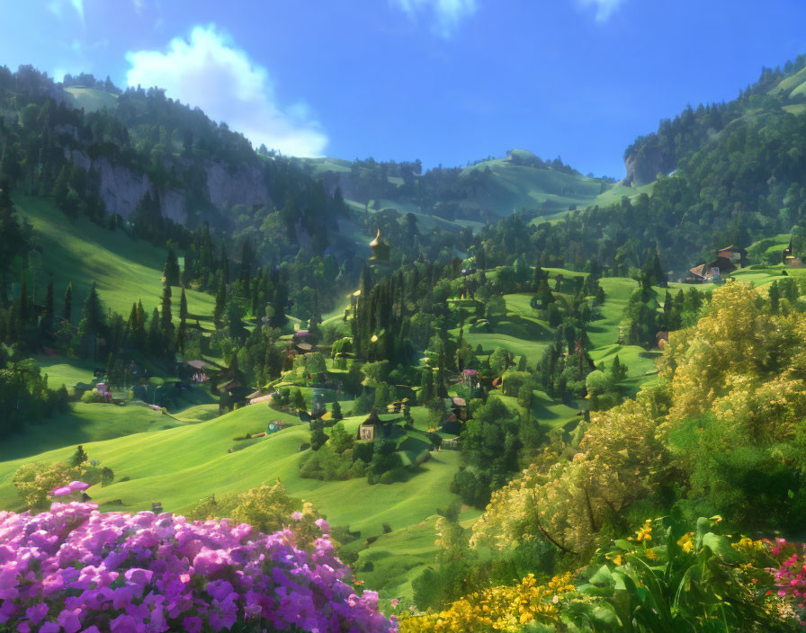 Scenic green hills with houses, vibrant flowers, and clear blue sky