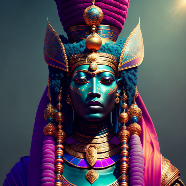 Elaborate golden and blue headgear on figure with vibrant makeup