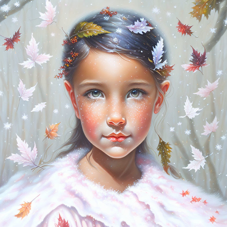 Young girl portrait with autumn leaves and snowflakes in hair