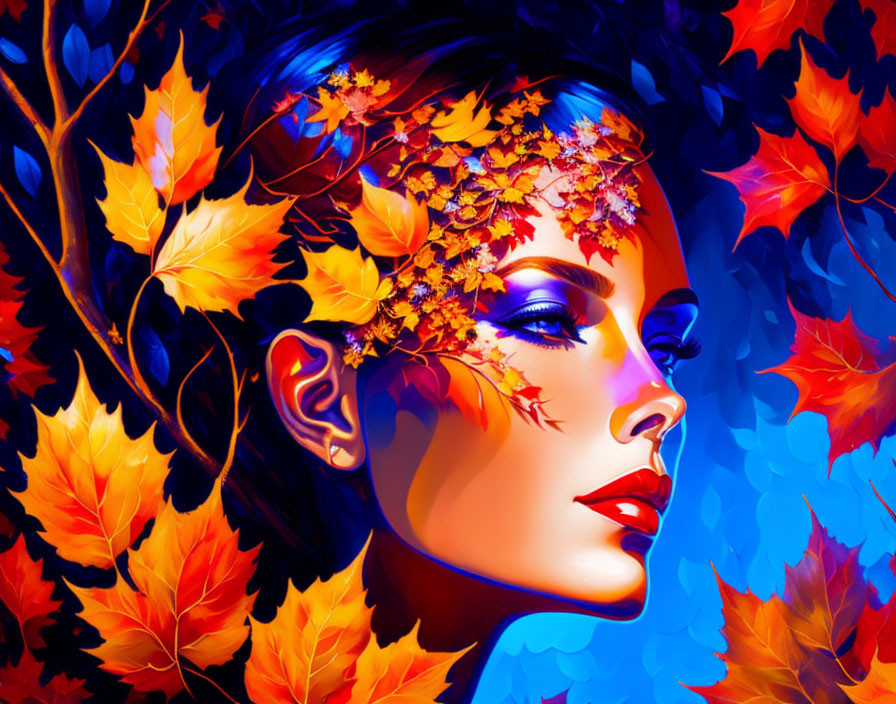 Woman's profile with autumn leaves and branches in rich blues, oranges, and reds