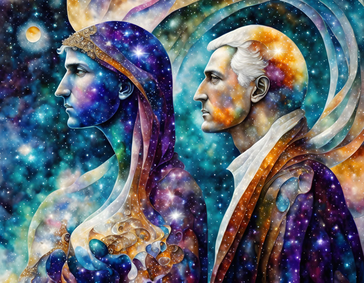 Illustration of woman and man with cosmic elements like stars, planets, and nebulae