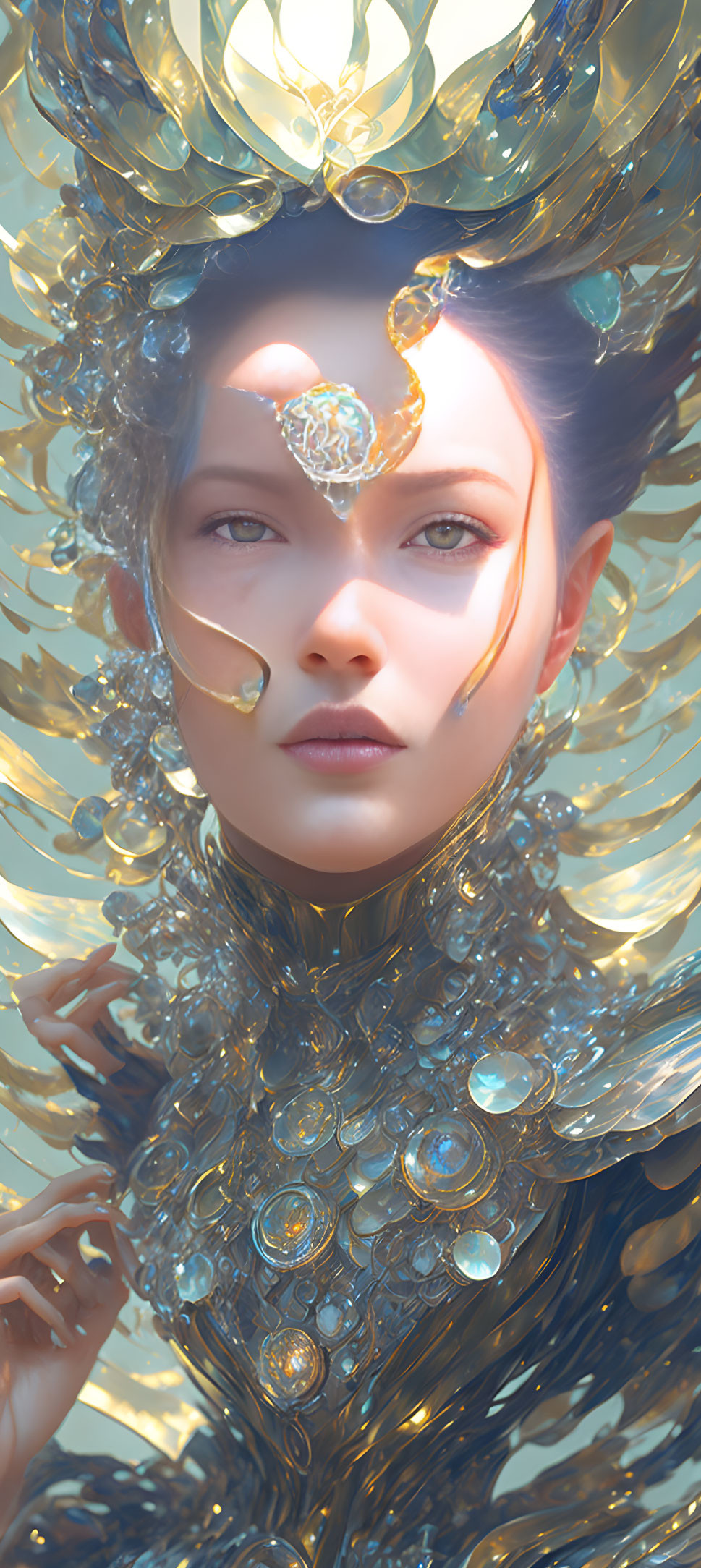 Ethereal woman with golden jewelry and glowing gemstones