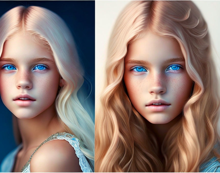 Comparison of portraits: girl with blue eyes and blonde hair.