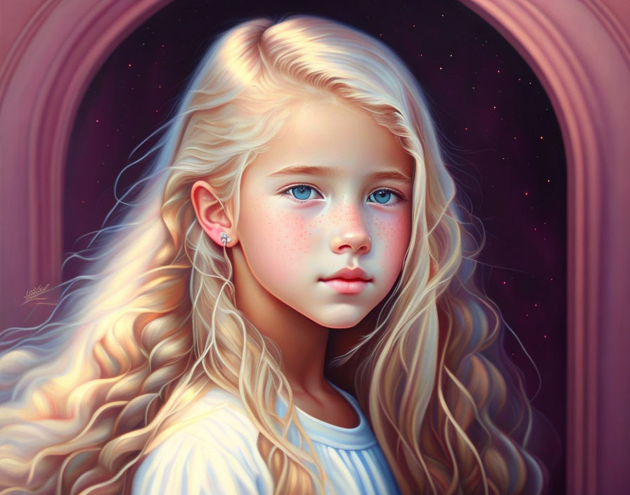 Young Girl Digital Portrait with Blonde Hair and Blue Eyes in Starry Arch Setting