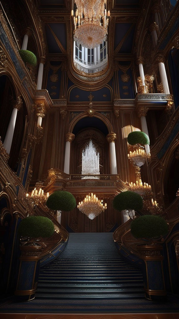 Luxurious Blue Carpet Staircase with Gold and Blue Walls, Chandeliers, and Greenery