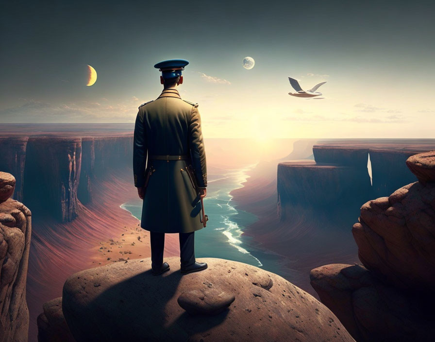 Figure in uniform gazes over canyon at sunset with planets and bird.