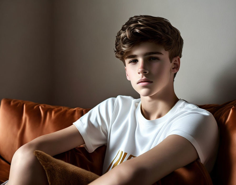 Curly-Haired Person in White T-Shirt Sitting on Brown Leather Couch