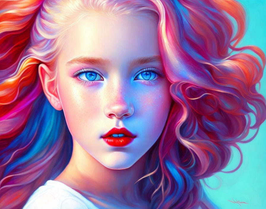 Portrait of a girl with blue eyes, red hair, and freckles on colorful backdrop