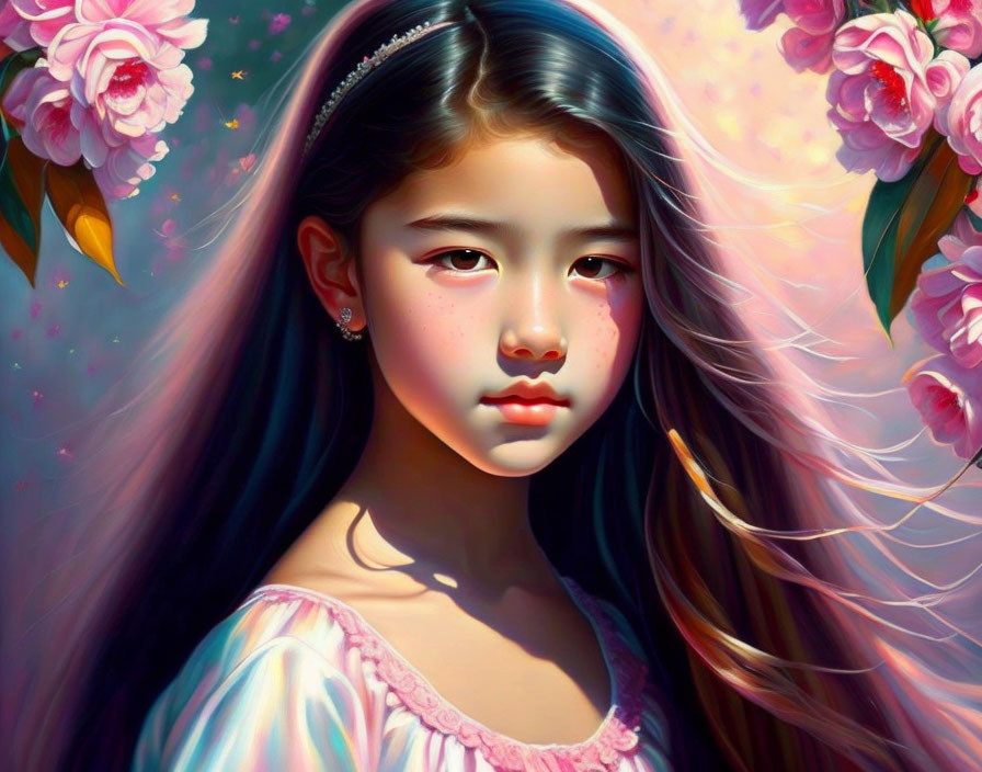 Vibrant digital artwork: young girl, flowing hair, pink flowers