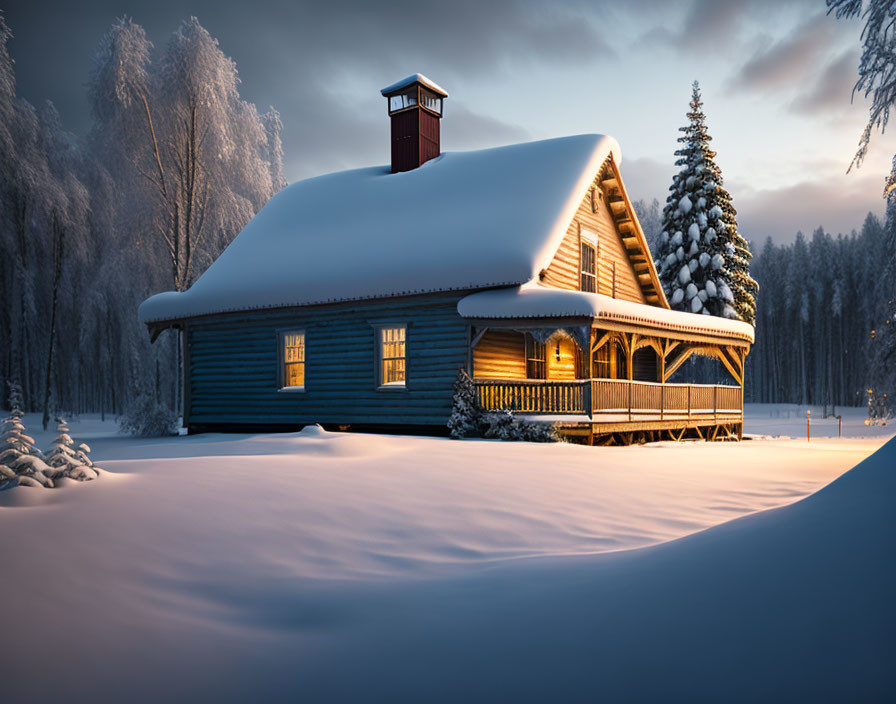 Snowy evening scene: cozy wooden cabin, warm lights, snow-covered trees.