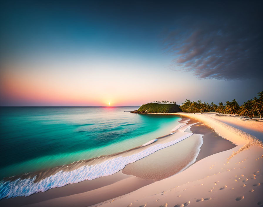 Tranquil sunset beach scene with palm trees, white sands, turquoise sea, and colorful sky