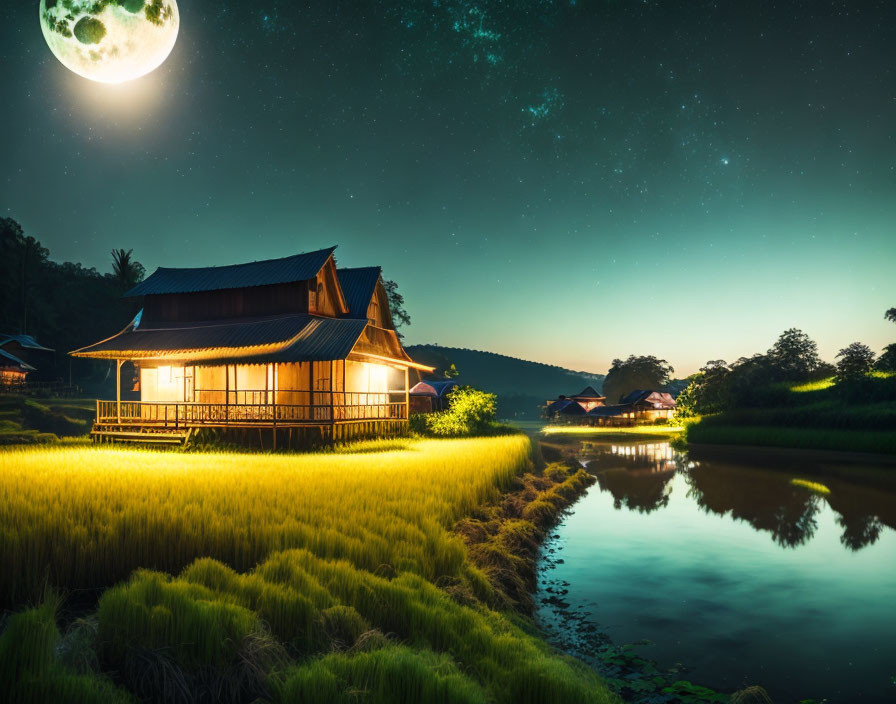 Traditional House with Illuminated Interiors by Calm River and Moonlit Rice Fields