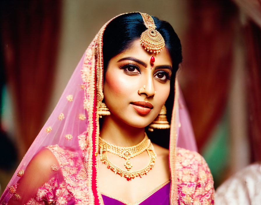 Traditional Indian Bridal Attire with Gold Jewelry and Pink Saree