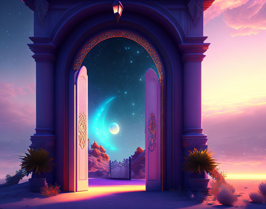 Ornate Gateway Under Twilight Sky in Desert Landscape