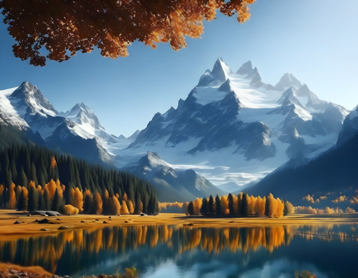 Golden Trees Reflecting in Calm Lake with Snow-Capped Mountains