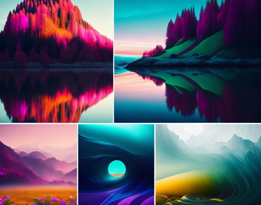 Colorful Digital Landscapes: Forest Reflections, Purple Mountains, Abstract Nature Waves