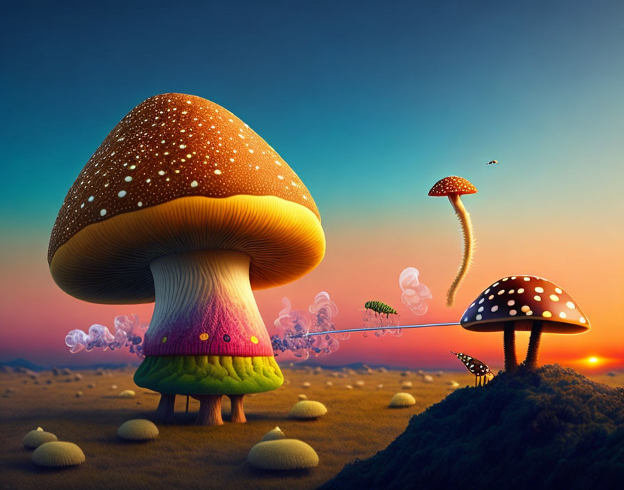 Colorful Mushrooms and Jellyfish in Whimsical Sunset Landscape