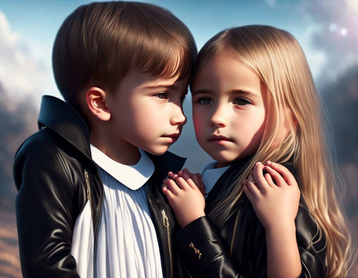 Contemplative young children in black and white attire against natural backdrop