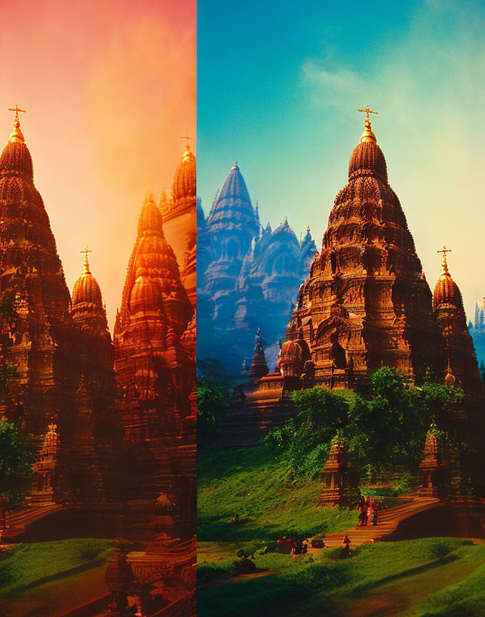 Split-view comparison: Ornate temple at sunset and in daylight