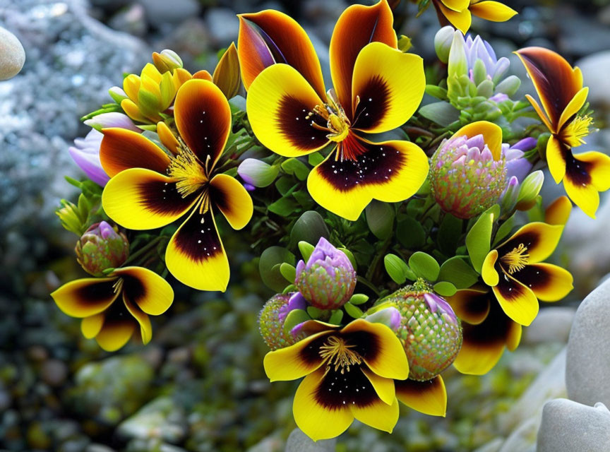 Yellow and Brown Pansy Flowers with Green Leaves on Pebbled Background