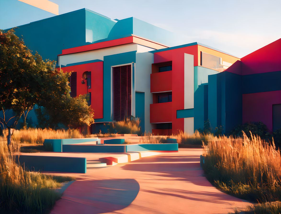 Vibrant modern architecture in natural setting at sunset