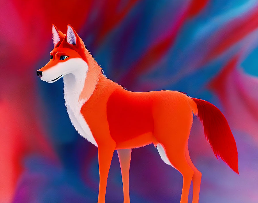 Vibrant animated red fox on swirling red and blue background