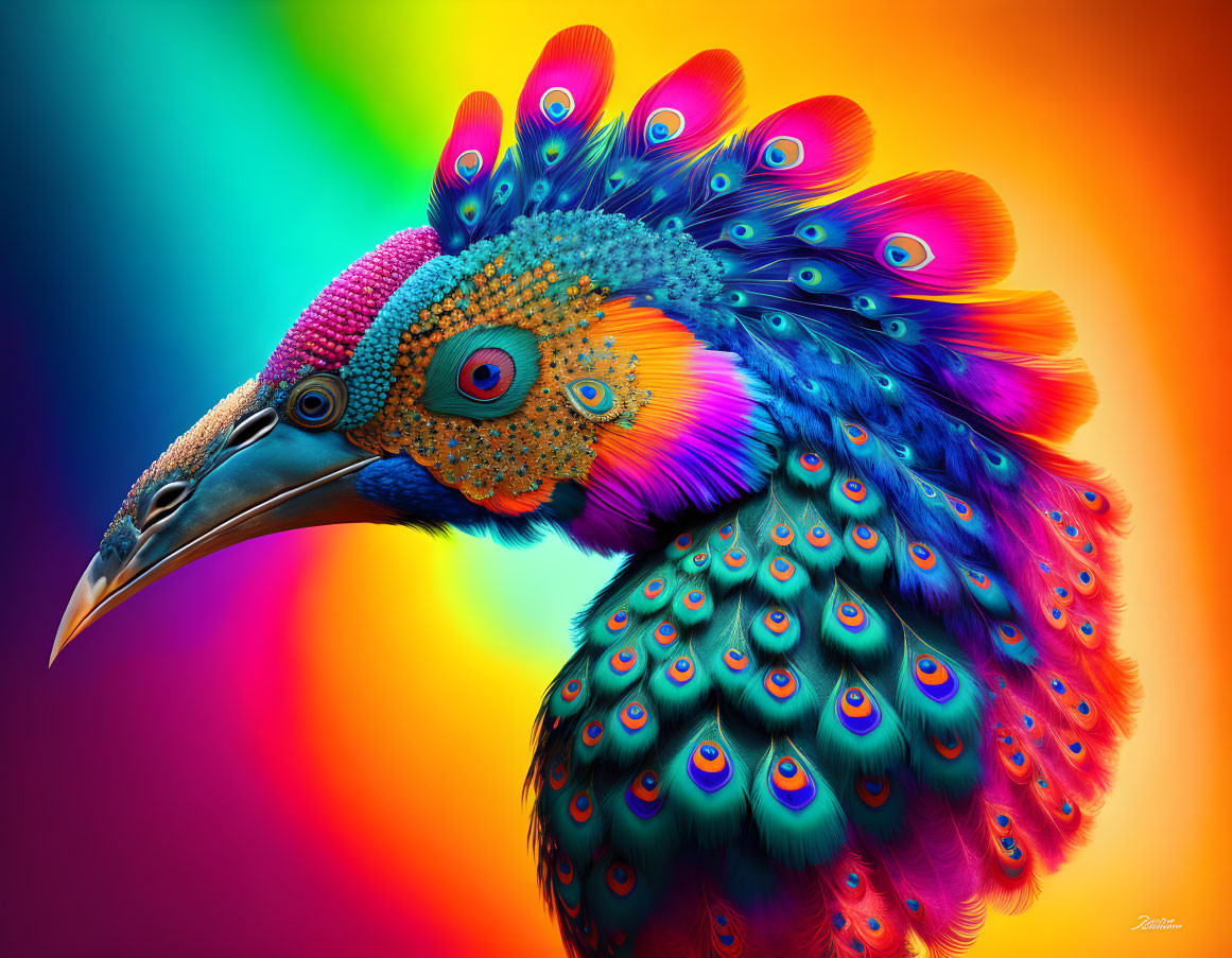 Colorful Peacock Digital Artwork with Rainbow Background