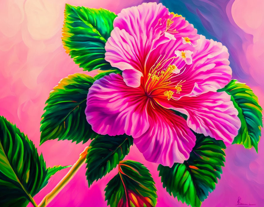 Vibrant digital painting of pink hibiscus flower and stamen in lush green setting