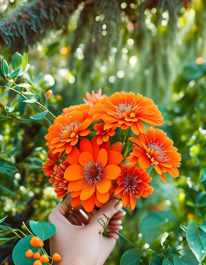 Vibrant orange flowers in hand with green foliage background