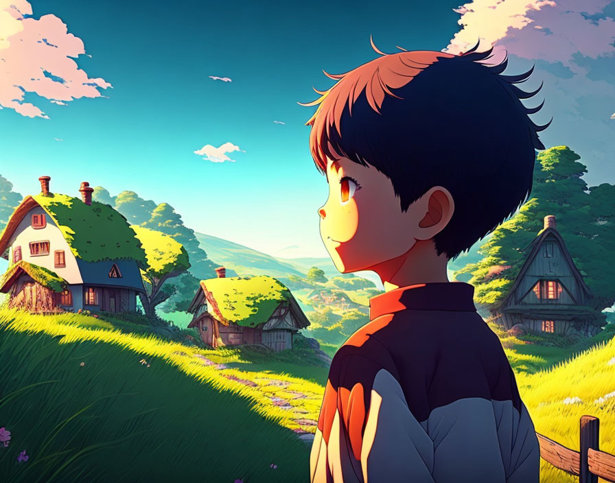 Animated boy admires scenic village in lush countryside