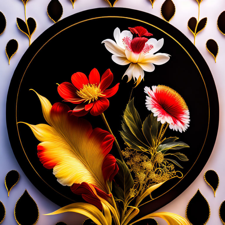 Colorful floral arrangement in circular black frame on patterned background