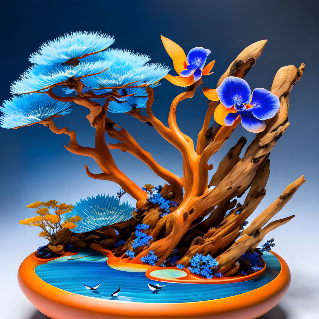 Colorful underwater scene with blue coral, orange driftwood, and vibrant flowers