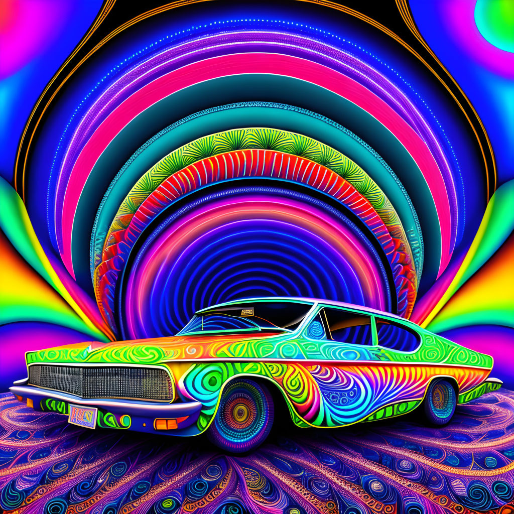 Colorful Psychedelic Classic Car Illustration with Neon Patterns