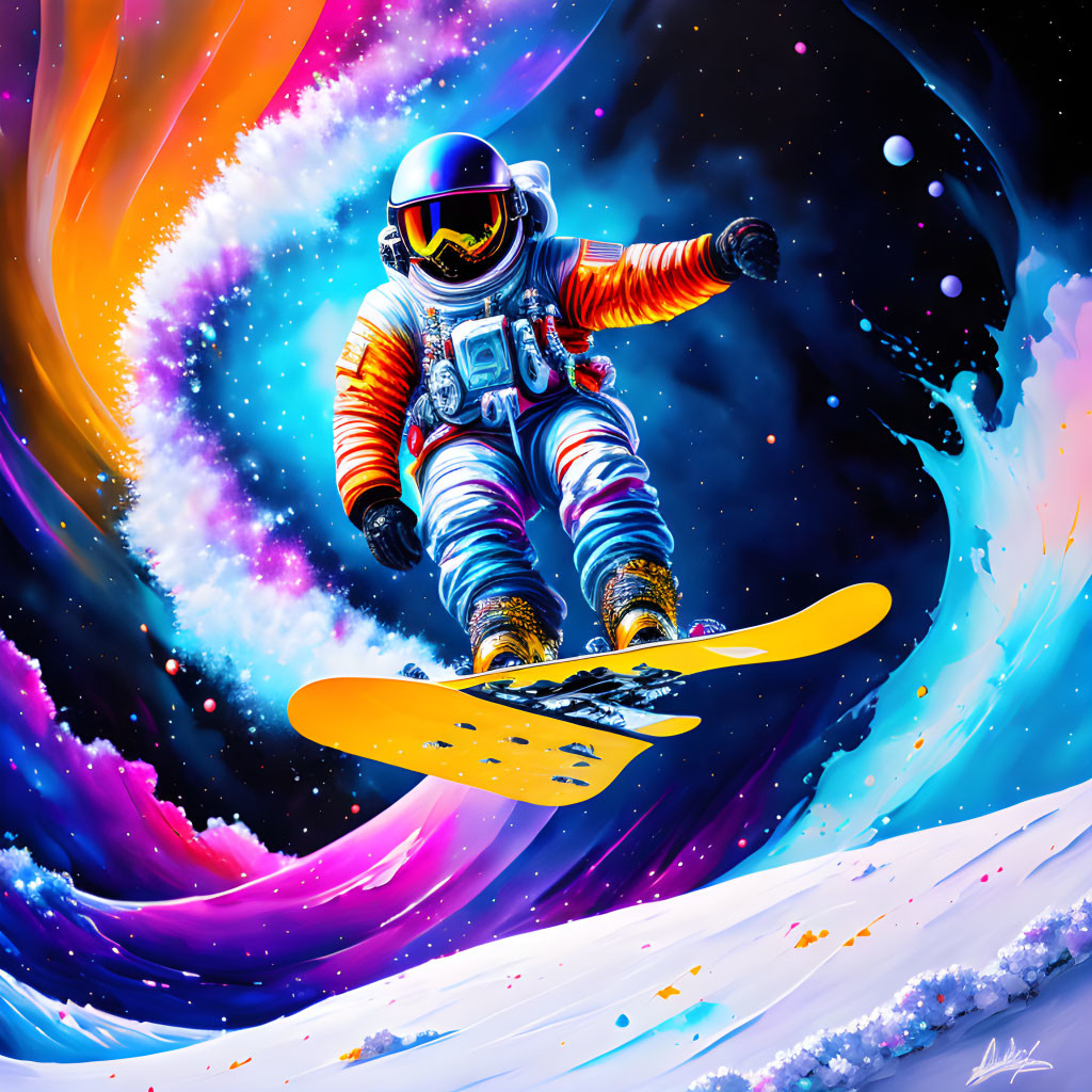 Astronaut snowboarding in cosmic swirls with vibrant colors