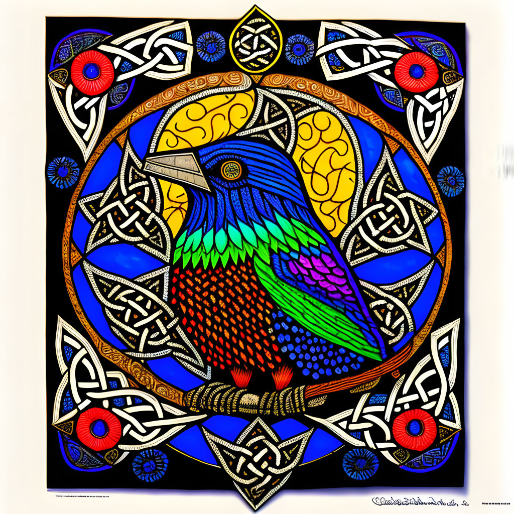 Vibrant bird with Celtic knot patterns and eye motifs on black background