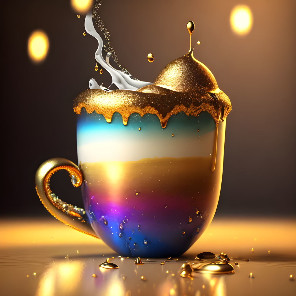 Colorful Cup with Golden Splash and Floating Droplets on Warm Background