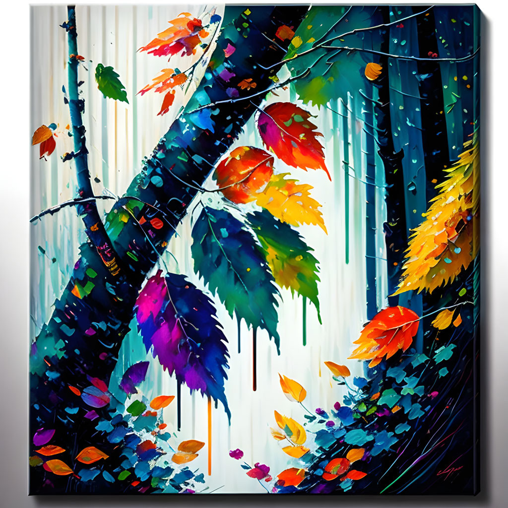 Colorful Abstract Painting: Leaves on Branches with Drip Patterns