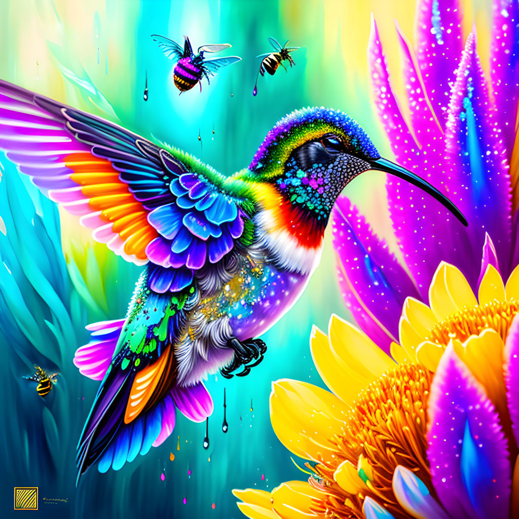 Colorful digital artwork: Hummingbird in flight with flowers and bees