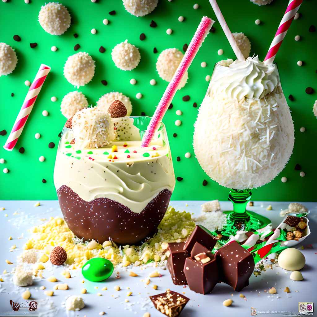 Festive milkshake with whipped cream, coconut flakes, chocolates, and sprinkles on green background